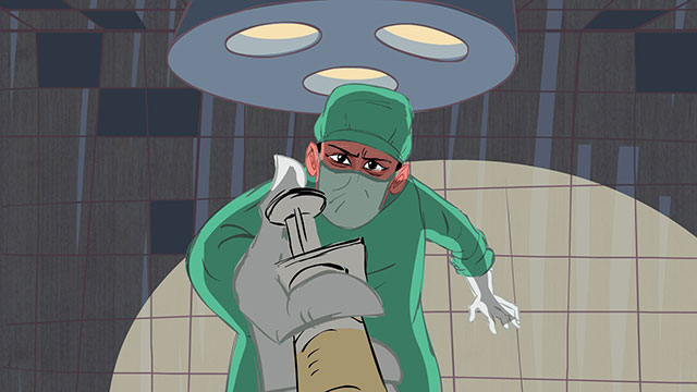 Scene from Baboon Heart animated music video: Extreme closeup of a doctor approaching with a sinister-looking shot.