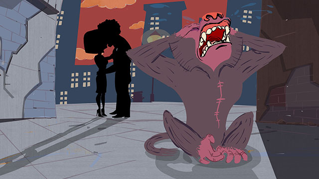 Scene from Baboon Heart animated music video: Baboon has a broken heart when he sees that Mike gets the girl.