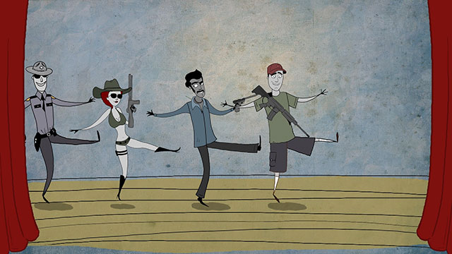 Scene from Capital Crime animated music video:  Various caricatures dance across the stage with guns.