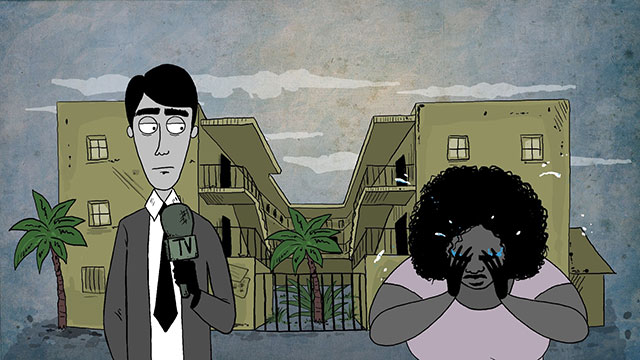 Scene from Capital Crime animated music video:  A woman cries next to a journalist.