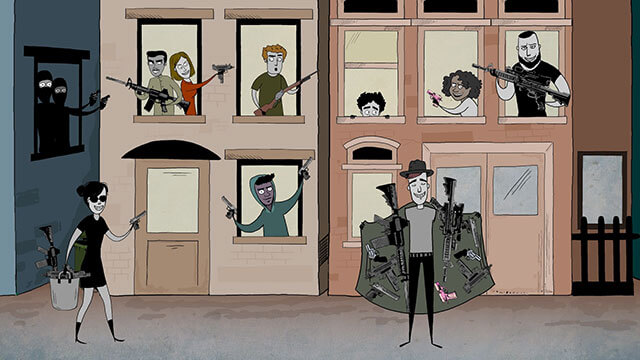 Scene from Capital Crime animated music video:  A neighborhood street is filled with smiling gun owners.