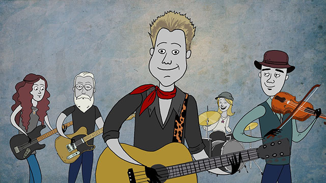 Scene from Capital Crime animated music video:  Members of the band play instruments.