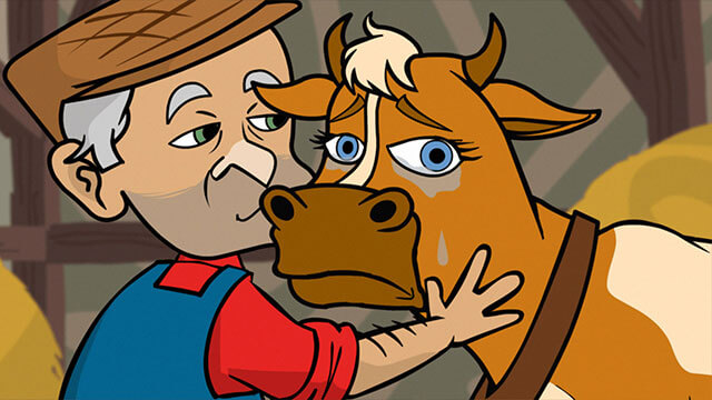 Have a Good Trip documentary: An animated sequence shows a farmer consoling a crying cow.