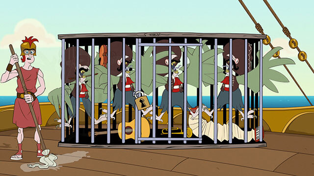 Scene from animated comedy short, Journeyus and the Journeynauts. A soldier swabs the deck next to a cage full of harpies.