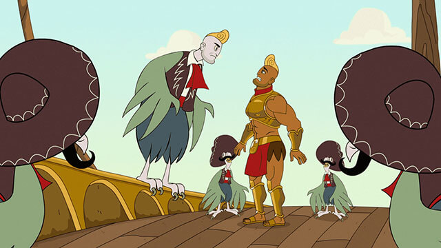Scene from animated comedy short, Journeyus and the Journeynauts. Journeyus character looks at a harpie who resembles his father.