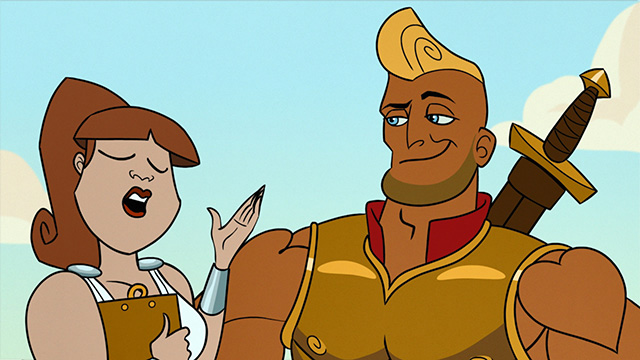 Scene from animated comedy short, Journeyus and the Journeynauts. Journeyus character looks at a girl.