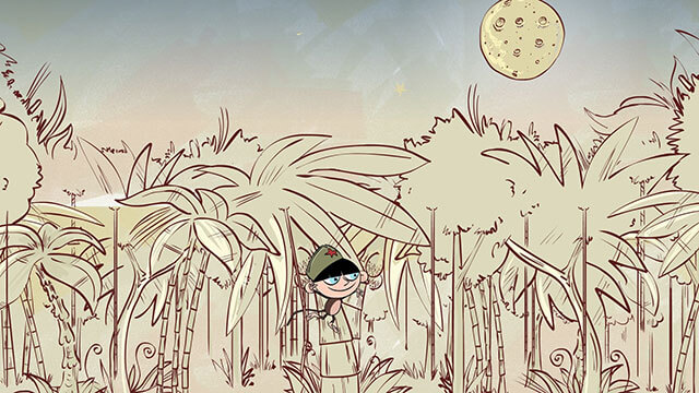 Scene from Monkey Crackers animation. A monkey girl is swinging from branch to branch under a cracker moon.