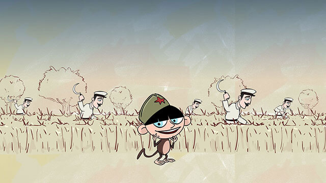 Scene from Monkey Crackers animation. A monkey girl dances in front of Soviet era farmers in fields.