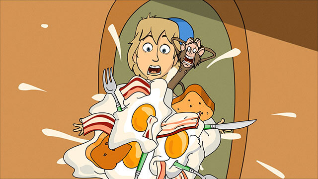 From animated trailer for Surviving Hawking, this is a "money shot" of the main character showing shock as eggs and bacon fly toward him.