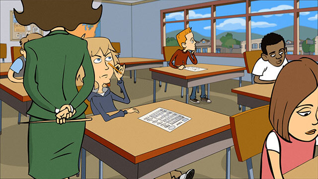 From animated trailer for Surviving Hawking, the main character is taking a test in a classroom.