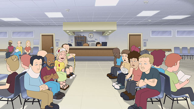 Scene from This Functional Family animation: a crowded Emergency Room.