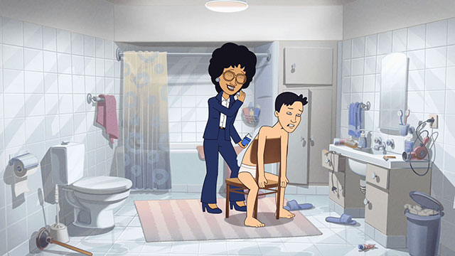 Scene from This Functional Family animation: View of mother and son.