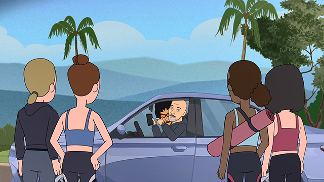 Scene from This Functional Family animation: Background master, view of car.