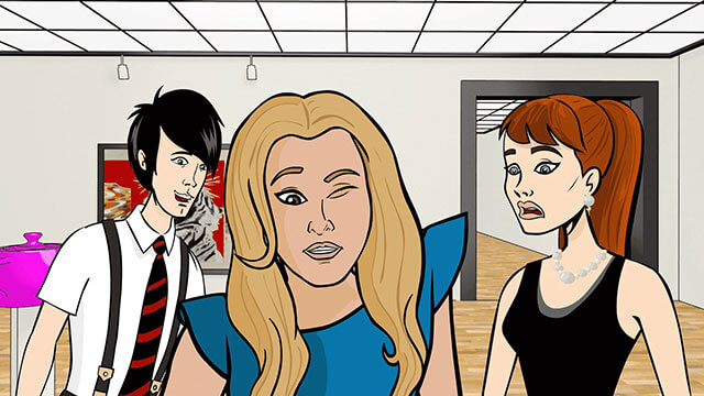 Scene from animated show Very Mallory, featuring Mallory and friends in her art gallery.
