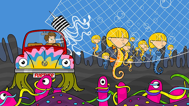Scene from "Ohm", and animated music video. It shows an octopus car with fanciful undersea creatures.