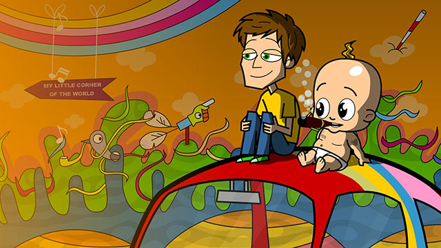Scene from "Ohm", and animated music video. It shows the visitor with a cigar-smoking baby on top of a floating octopus car.